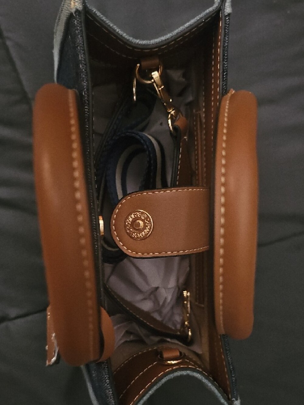 NEW-True Religion Denim Tote with Brown Leather Trim - Picture 4 of 5